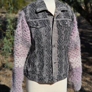 Reversible— Upcycled Denim Jacket with Crochet Sleeves in Grey and lavender